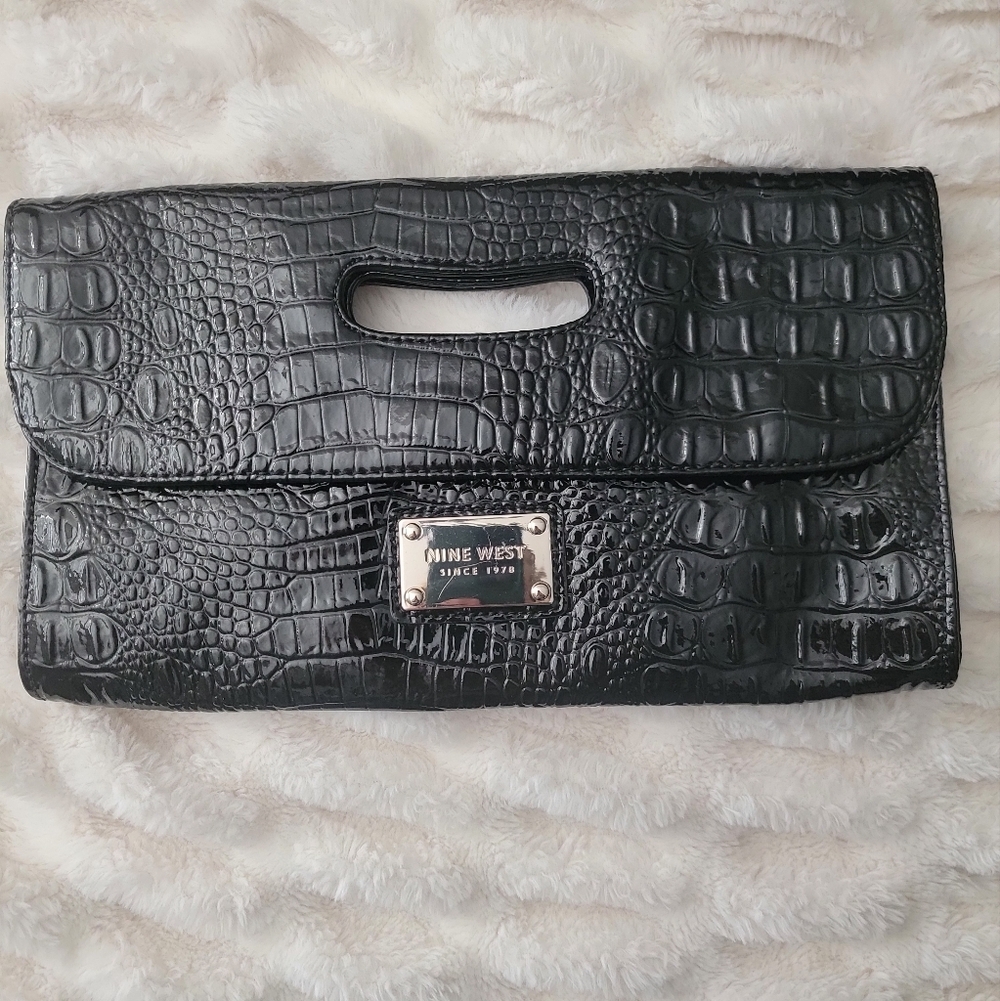 Nine West Black Croc-Embossed Foldover Wristlet Clutch